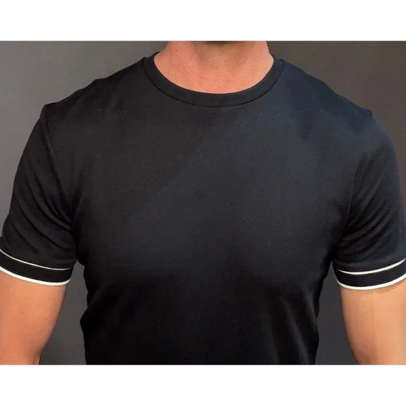 BOSS Hugo Boss Tiburt 446 Mercerised Black T-Shirt with Contrast Trim - Size S - Picture 3 of 7